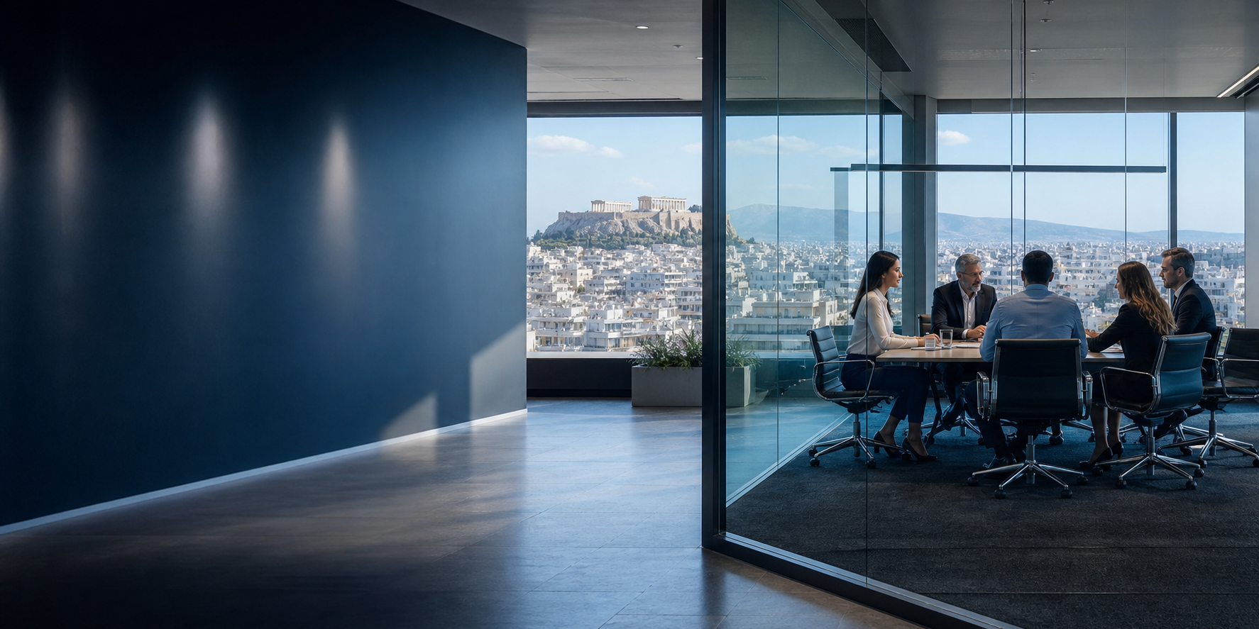 Colleagues working together in a contemporary Athens office overlooking the city.